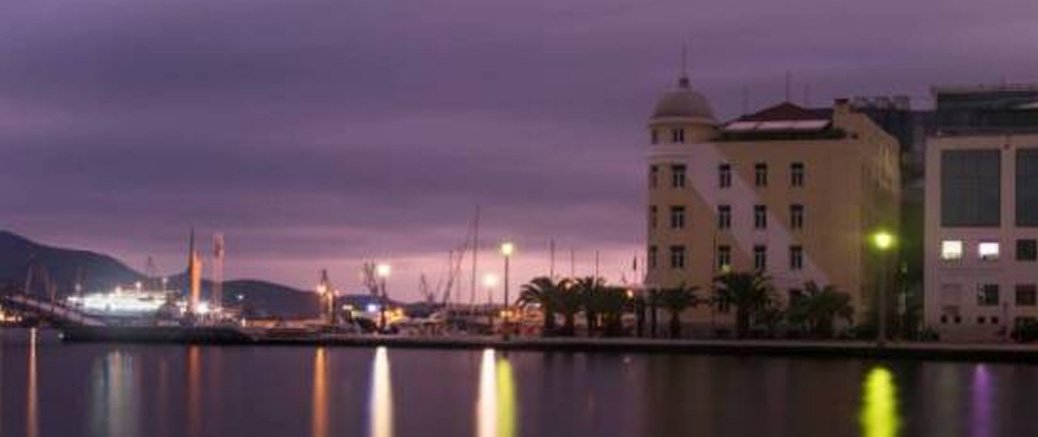 Night view of the main university building in Volos.